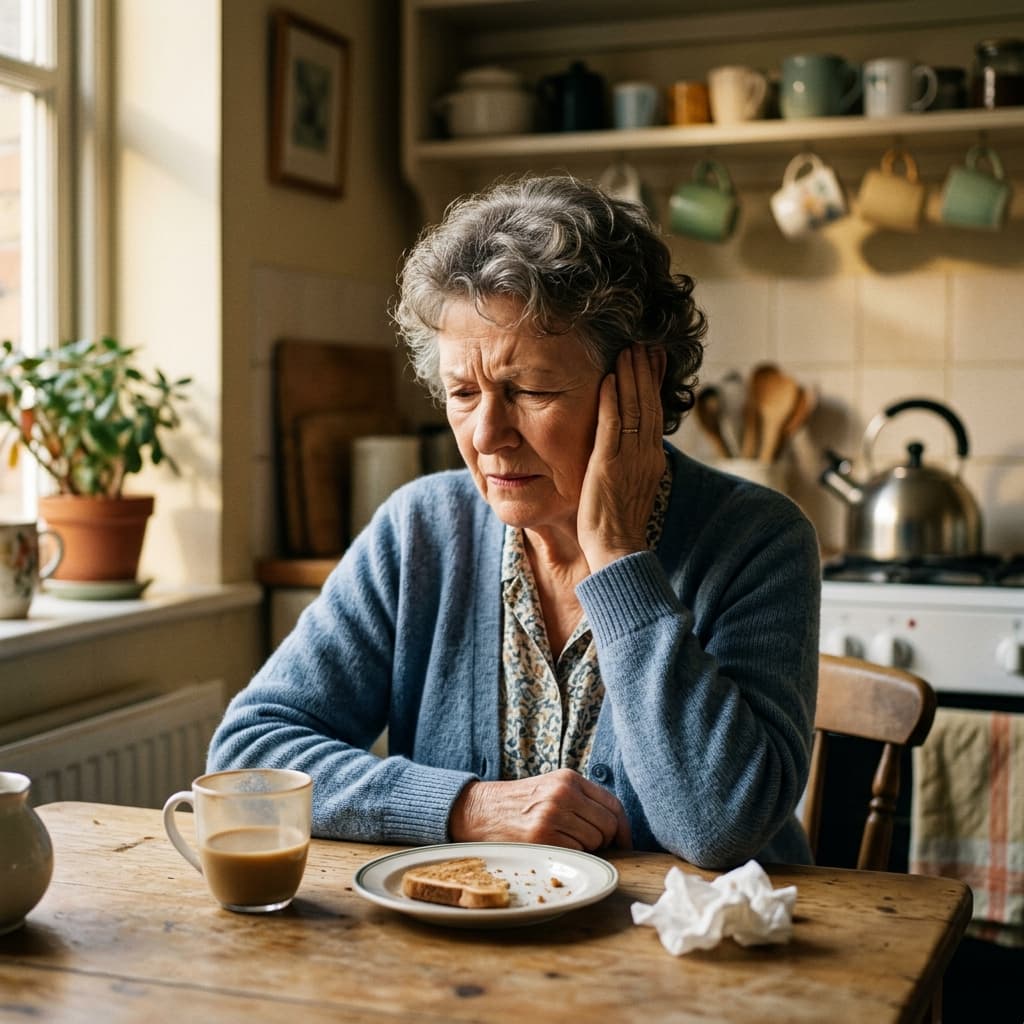 Elderly person experiencing tinnitus, holding their ear